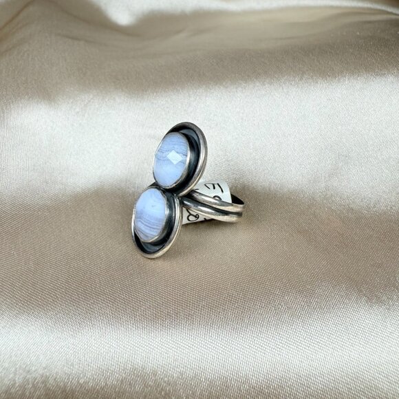 Handmade Blue Lace Agate Double Round Gemstone Silver Ring Jewelry Size 7.75 - Picture 2 of 5